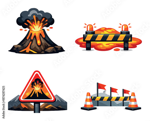 Volcano eruption and hazard alert signs with barriers and cones