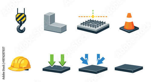 Construction and safety equipment icons: crane hook, concrete block, barrier, helmet, indicators