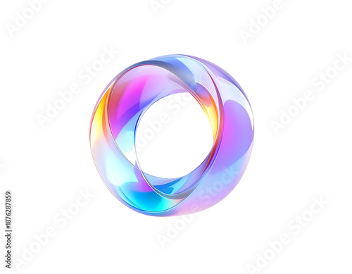 Abstract iridescent ring floats against a black background