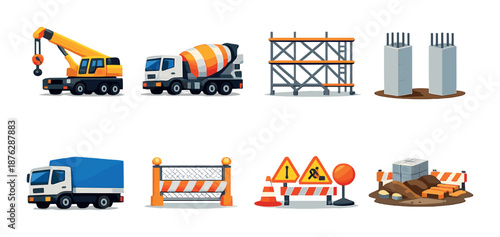Construction vehicles and equipment icons set with crane, mixer, and safety signs