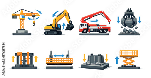 Set of colorful construction equipment icons with cranes and excavators