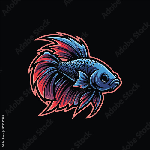 Vibrant Betta Fish Illustration with Intricate Fin Details on Dark Background.