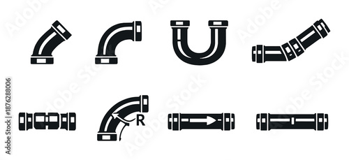 Set of black pipe fittings on dark background with various configurations