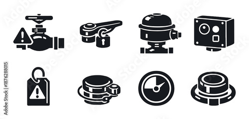 Set of black industrial icons on gray background