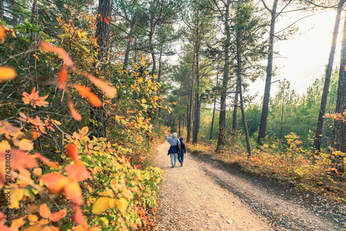 Family walk in autumn. Escaping to forest for family vacation is perfect getaway. The serenity of the wild and the fresh air creates a calming sense is necessary for families on-the-go lifestyle.