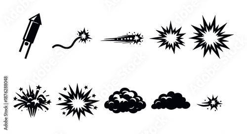 Firework rocket and starburst explosion silhouettes on dark background