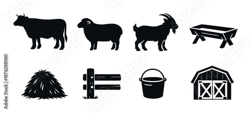 Farm animal silhouettes with barnyard elements on a gray background