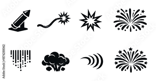Black firework icon set on dark background featuring various explosion designs
