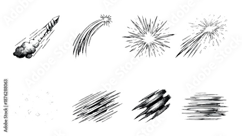 Monochrome rocket explosion and fireworks drawing with dynamic speed lines