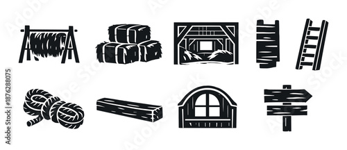 Black and white rustic farm icons on gray background