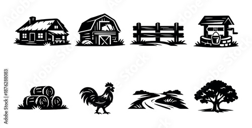 Silhouette farm icons: barn, fence, well, rooster, path, tree, barrel