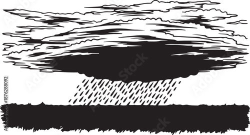 Black storm cloud with rain falling on landscape illustration