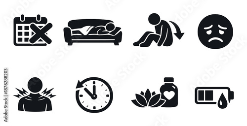 Monochrome icons illustrating fatigue symptoms and self-care remedies