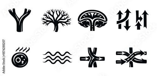 Abstract black symbols on dark background illustrating various concepts