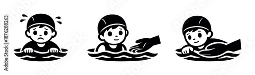 Three cartoon boys expressing fear, anxiety, and curiosity in darkness