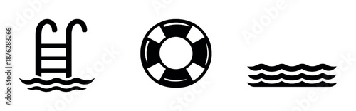 Monochrome icons of pool ladder, lifebuoy, and water waves on black background
