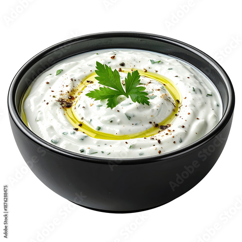 Creamy tzatziki yogurt and cucumber dip served in a dark bowl, a classic greek and mediterranean sauce or appetizer with fresh dill