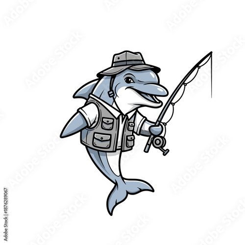 Cute cartoon shark holding a fish in a fishing net in a fun vector illustration style
