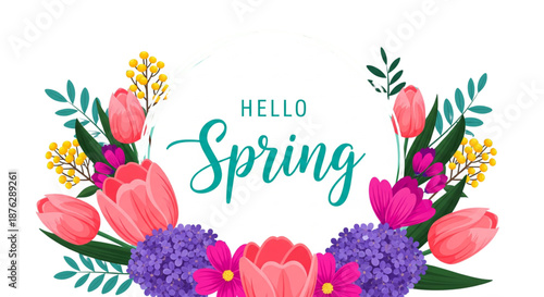 Vibrant Hello Spring Floral Wreath with Pink Tulips and Purple Hydrangeas for Seasonal Greeting and Web Design
