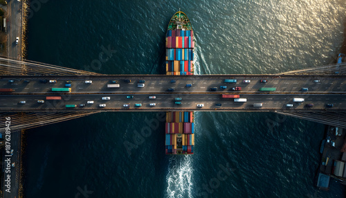 Transport concept with an aerial overhead view of a very big container super cargo ship passing under a bridge with car traffic
