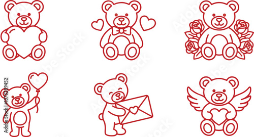  Set of Cute Red Teddy Bear Line Art Icons for Happy Valentine's Day 2026, Minimalist Vector Illustrations of Bears Holding Hearts for Romantic Design Projects