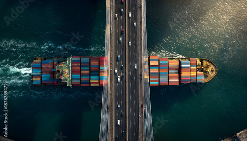 Transport concept with an aerial overhead view of a very big container super cargo ship passing under a bridge with car traffic