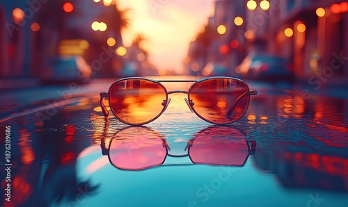Retro sunglasses on wet city street reflecting vibrant urban sunset lights.