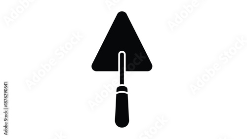 Black trowel icon with triangular blade and handle on white background for construction and diy projects