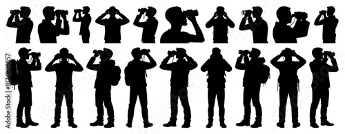 Men Looking Through Binoculars Silhouette Set on Transparent Background