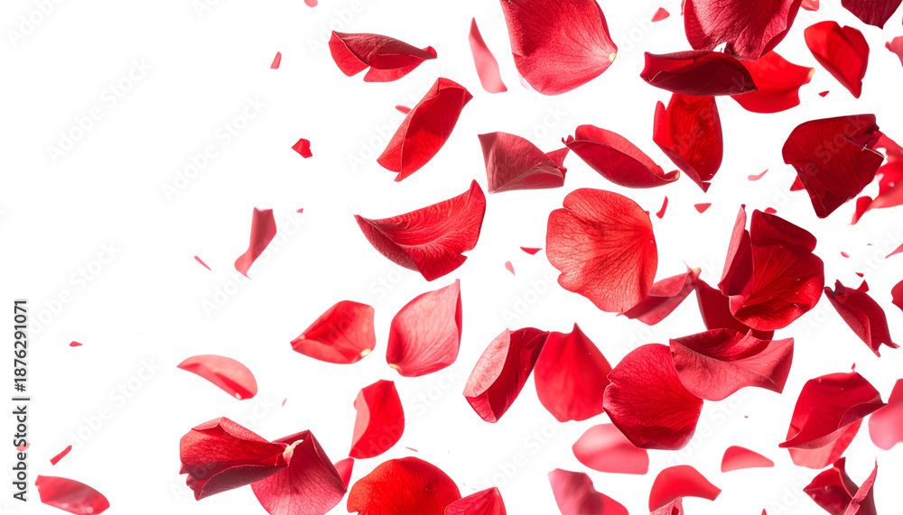 Fototapeta premium Beautiful red flower petals arranged in a heart shape on a white background