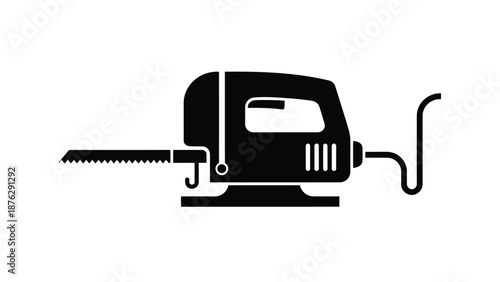 Black silhouette electric jigsaw with cord on white background side view industrial tool