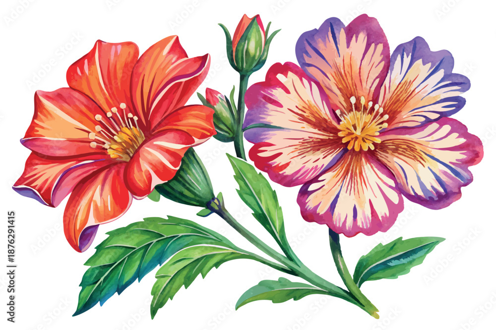 Obraz premium Blooming red and purple flowers with leaves