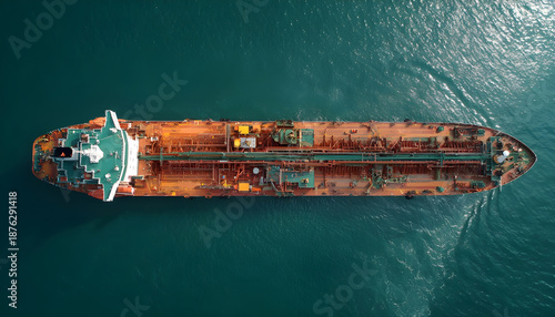 Aerial top view of the ship carrying the lpg and oil tanker in the sea port with vessel logistics. For energy export and import business for transportation trade