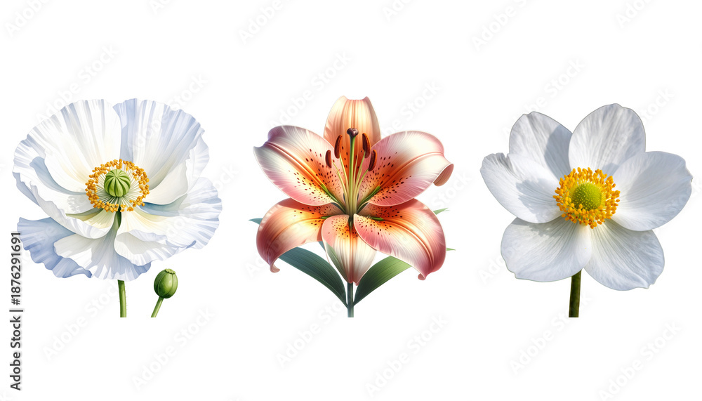 Obraz premium A set of flowers and foliage on a white background