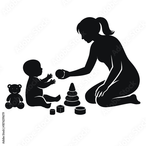Mother playing with baby and toys silhouette
