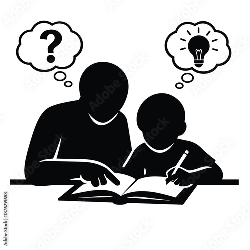 Adult tutoring child with book and pencil