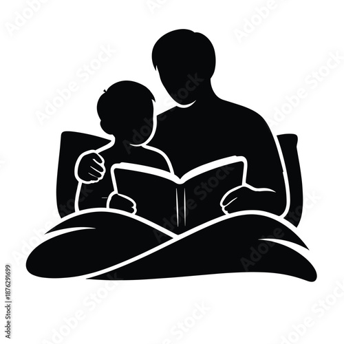 Silhouette of adult reading book with child in bed