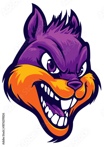 Cartoon squirrel head with fierce expression and bold colors  