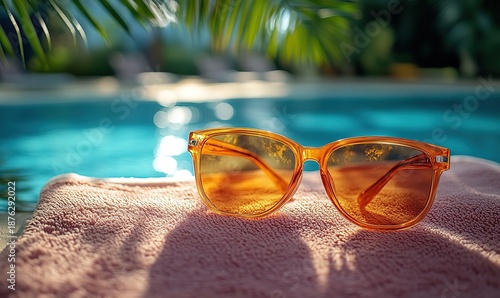 Orange sunglasses on a towel by a sparkling blue swimming pool on a sunny day.