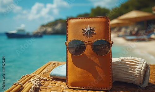 Stylish sunglasses and leather case on woven straw at a tropical beach resort