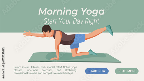 Morning yoga web banner with man practicing balance exercise on mat. Flat vector illustration for fitness websites, yoga apps, wellness platforms and online workouts.