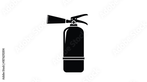 Black fire extinguisher icon with handle and nozzle on white background for safety and emergency concept