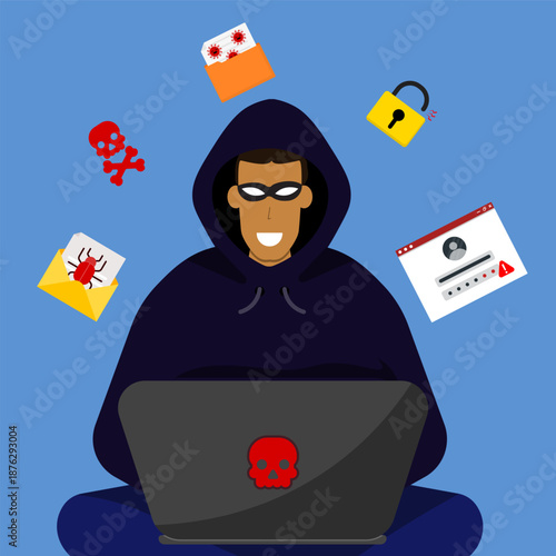 Illustration of a hacker using a laptop surrounded by cyber threat icons. Representing malware, phishing, data breaches, and online security risks.