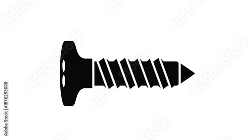 Black screw icon with flat head and sharp point on white background for design and construction concepts
