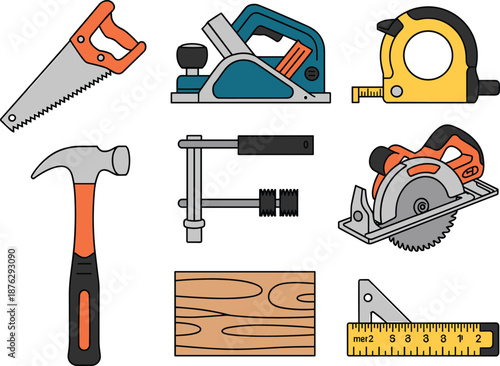 Carpentry tools illustration set featuring saw hammer plane clamp measuring tape circular saw woodworking equipment isolated vector