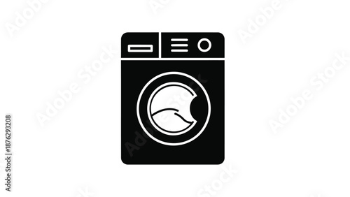 Black washing machine icon with white outline on clean background laundry symbol