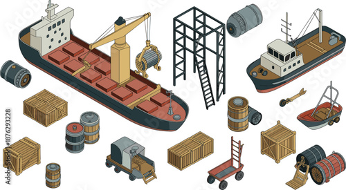 Isometric cargo ship and harbor logistics illustration featuring crane containers barrels boats industrial shipping transport concept
