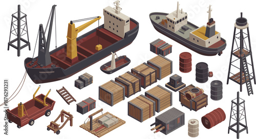 Isometric cargo ship and harbor logistics illustration featuring crane containers barrels boats industrial shipping transport concept
