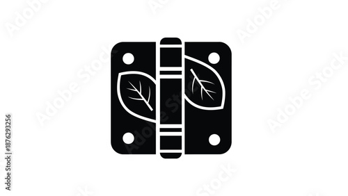 Black metal hinge with leaf design on white background symbolizing eco friendly hardware