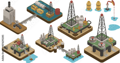 Isometric oil and gas drilling platforms illustration with refineries pipelines storage tanks offshore energy industry concept